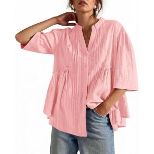 imageCicy Bell Womens Peplum Button Down Shirts Summer V Neck Half Sleeve Blouses Dressy Casual Flowy Babydoll TopsPink