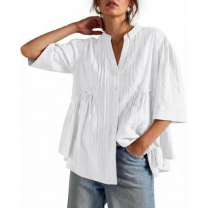 imageCicy Bell Womens Peplum Button Down Shirts Summer V Neck Half Sleeve Blouses Dressy Casual Flowy Babydoll TopsWhite