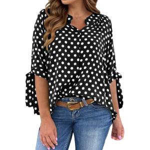 imageCicy Bell Womens Polka Dot Blouse V Neck Bow Tie Cuff Half Sleeve Tunic Loose Fit Summer Casual Button Down Pleated TopsBlack