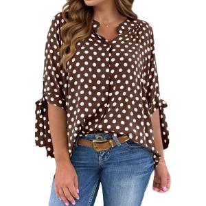imageCicy Bell Womens Polka Dot Blouse V Neck Bow Tie Cuff Half Sleeve Tunic Loose Fit Summer Casual Button Down Pleated TopsBrown