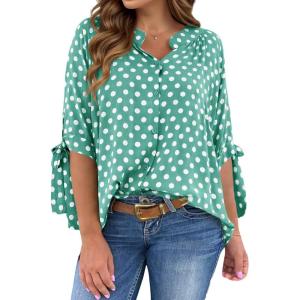 imageCicy Bell Womens Polka Dot Blouse V Neck Bow Tie Cuff Half Sleeve Tunic Loose Fit Summer Casual Button Down Pleated TopsGreen