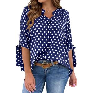 imageCicy Bell Womens Polka Dot Blouse V Neck Bow Tie Cuff Half Sleeve Tunic Loose Fit Summer Casual Button Down Pleated TopsNavy