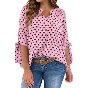 imageCicy Bell Womens Polka Dot Blouse V Neck Bow Tie Cuff Half Sleeve Tunic Loose Fit Summer Casual Button Down Pleated TopsPink