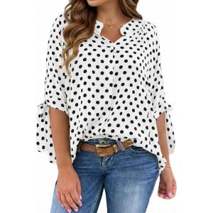 imageCicy Bell Womens Polka Dot Blouse V Neck Bow Tie Cuff Half Sleeve Tunic Loose Fit Summer Casual Button Down Pleated TopsWhite