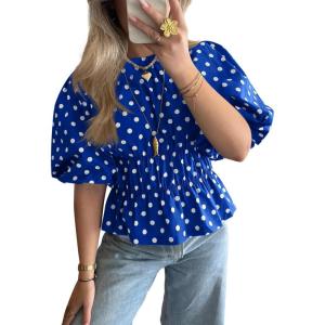 imageCicy Bell Womens Polka Dots Peplum Tops Summer Puff Short Sleeve Round Neck Blouses Trendy Casual Shirts Blue
