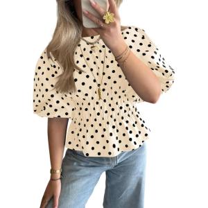 imageCicy Bell Womens Polka Dots Peplum Tops Summer Puff Short Sleeve Round Neck Blouses Trendy Casual ShirtsBeige