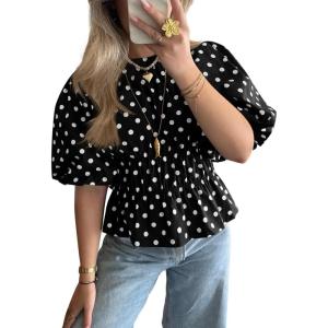 imageCicy Bell Womens Polka Dots Peplum Tops Summer Puff Short Sleeve Round Neck Blouses Trendy Casual ShirtsBlack