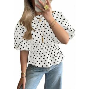 imageCicy Bell Womens Polka Dots Peplum Tops Summer Puff Short Sleeve Round Neck Blouses Trendy Casual ShirtsWhite