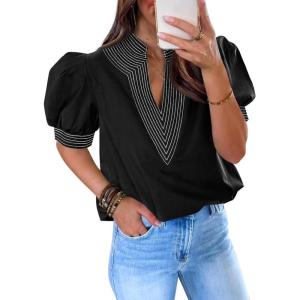 imageCicy Bell Womens Puff Short Sleeve Blouses Summer Casual Dressy V Neck Contrast Stitch Tops Loose Fit ShirtsBlack