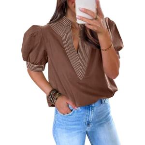 imageCicy Bell Womens Puff Short Sleeve Blouses Summer Casual Dressy V Neck Contrast Stitch Tops Loose Fit ShirtsBrown
