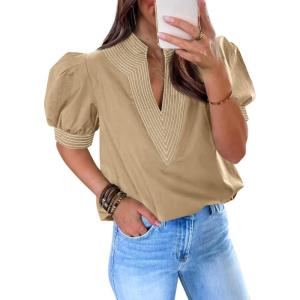 imageCicy Bell Womens Puff Short Sleeve Blouses Summer Casual Dressy V Neck Contrast Stitch Tops Loose Fit ShirtsKhaki