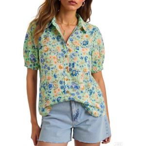 imageCicy Bell Womens Puff Short Sleeve Button Down Shirts Summer Casual Collared V Neck Blouse Linen Loose Fit Work TopsBlue Green