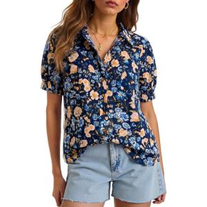 imageCicy Bell Womens Puff Short Sleeve Button Down Shirts Summer Casual Collared V Neck Blouse Linen Loose Fit Work TopsBlue Navy