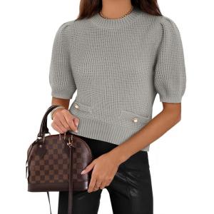 imageCicy Bell Womens Puff Short Sleeve Sweaters Tops Cropped Ribbed Knit Lightweight Pullover Casual Loose Fit Crewneck SweaterGrey