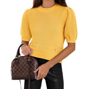imageCicy Bell Womens Puff Short Sleeve Sweaters Tops Cropped Ribbed Knit Lightweight Pullover Casual Loose Fit Crewneck SweaterYellow