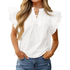 imageCicy Bell Womens Ruffle Cap Sleeve Blouses V Neck Dressy Casual Tops Summer Sleeveless Cotton Shirts White