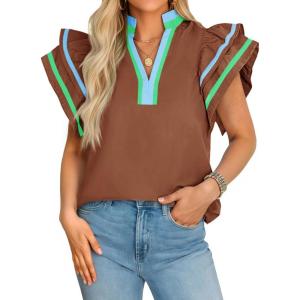 imageCicy Bell Womens Ruffle Cap Sleeve Tops Color Block V Neck Dressy Casual Blouses Summer Pleated Loose Fit ShirtsBrown