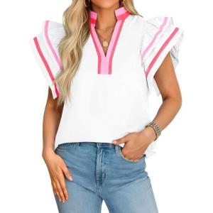 imageCicy Bell Womens Ruffle Cap Sleeve Tops Color Block V Neck Dressy Casual Blouses Summer Pleated Loose Fit ShirtsPink and White