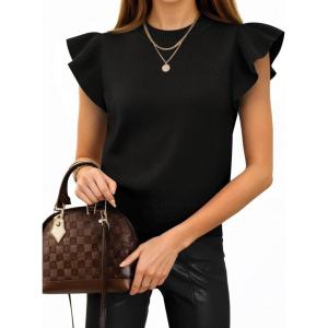 imageCicy Bell Womens Ruffle Sleeve Cropped Sweaters Tops Ribbed Knit Lightweight Crewneck Pullover Casual Trendy T Shirts BlousesBlack