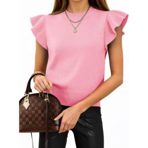 imageCicy Bell Womens Ruffle Sleeve Cropped Sweaters Tops Ribbed Knit Lightweight Crewneck Pullover Casual Trendy T Shirts BlousesPink