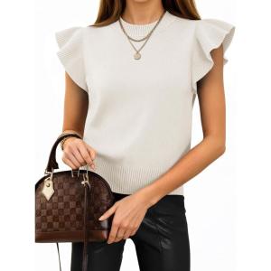 imageCicy Bell Womens Ruffle Sleeve Cropped Sweaters Tops Ribbed Knit Lightweight Crewneck Pullover Casual Trendy T Shirts BlousesWhite