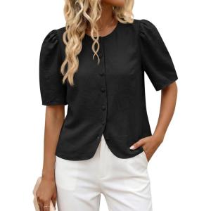 imageCicy Bell Womens Short Puff Sleeve Button Down Shirts Dressy Casual Blouses Summer Round Neck Cotton TopsBlack