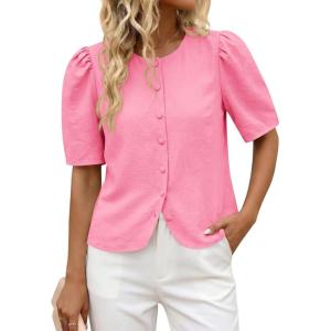 imageCicy Bell Womens Short Puff Sleeve Button Down Shirts Dressy Casual Blouses Summer Round Neck Cotton TopsBright Pink