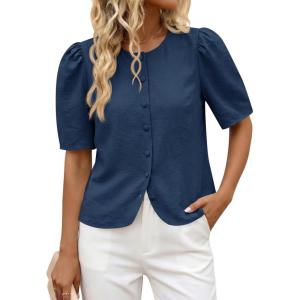 imageCicy Bell Womens Short Puff Sleeve Button Down Shirts Dressy Casual Blouses Summer Round Neck Cotton TopsNavy