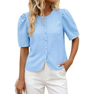 imageCicy Bell Womens Short Puff Sleeve Button Down Shirts Dressy Casual Blouses Summer Round Neck Cotton TopsSky Blue