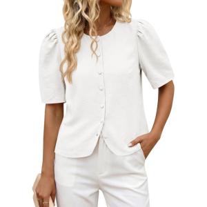 imageCicy Bell Womens Short Puff Sleeve Button Down Shirts Dressy Casual Blouses Summer Round Neck Cotton TopsWhite