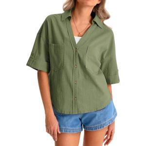 imageCicy Bell Womens Short Sleeve Button Down Shirts V Neck Loose Fit Cotton Blouses Casual Summer Tops with PocketsArmy Green