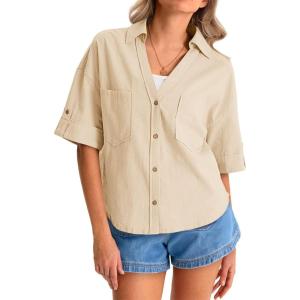 imageCicy Bell Womens Short Sleeve Button Down Shirts V Neck Loose Fit Cotton Blouses Casual Summer Tops with PocketsBeige