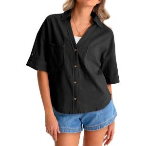 imageCicy Bell Womens Short Sleeve Button Down Shirts V Neck Loose Fit Cotton Blouses Casual Summer Tops with PocketsBlack