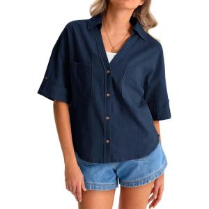 imageCicy Bell Womens Short Sleeve Button Down Shirts V Neck Loose Fit Cotton Blouses Casual Summer Tops with PocketsDark Blue