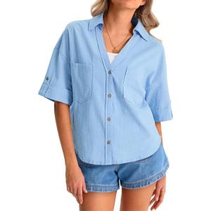 imageCicy Bell Womens Short Sleeve Button Down Shirts V Neck Loose Fit Cotton Blouses Casual Summer Tops with PocketsSky Blue