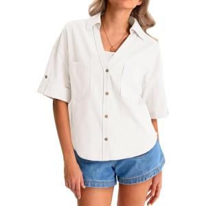 imageCicy Bell Womens Short Sleeve Button Down Shirts V Neck Loose Fit Cotton Blouses Casual Summer Tops with PocketsWhite