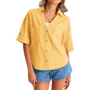 imageCicy Bell Womens Short Sleeve Button Down Shirts V Neck Loose Fit Cotton Blouses Casual Summer Tops with PocketsYellow