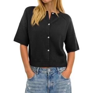 imageCicy Bell Womens Short Sleeve Sweater Cardigan Casual Button Down Lightweight Cropped Ribbed Knit TopsBlack