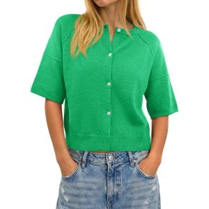 imageCicy Bell Womens Short Sleeve Sweater Cardigan Casual Button Down Lightweight Cropped Ribbed Knit TopsGreen