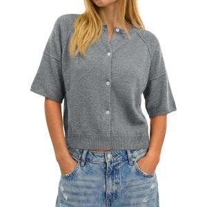 imageCicy Bell Womens Short Sleeve Sweater Cardigan Casual Button Down Lightweight Cropped Ribbed Knit TopsGrey