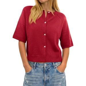imageCicy Bell Womens Short Sleeve Sweater Cardigan Casual Button Down Lightweight Cropped Ribbed Knit TopsRed