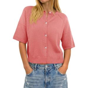 imageCicy Bell Womens Short Sleeve Sweater Cardigan Casual Button Down Lightweight Cropped Ribbed Knit TopsWatermelon Red