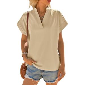 imageCicy Bell Womens Short Sleeve V Neck Blouses Dressy Casual Summer Loose Shirts Trendy Business Pleated Tops Light Khaki