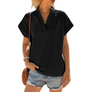 imageCicy Bell Womens Short Sleeve V Neck Blouses Dressy Casual Summer Loose Shirts Trendy Business Pleated TopsBlack