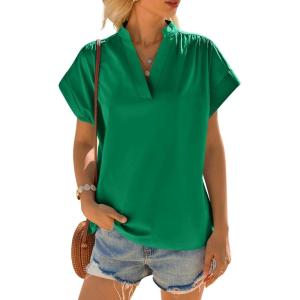 imageCicy Bell Womens Short Sleeve V Neck Blouses Dressy Casual Summer Loose Shirts Trendy Business Pleated TopsGreen