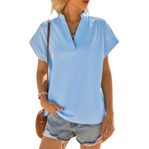 imageCicy Bell Womens Short Sleeve V Neck Blouses Dressy Casual Summer Loose Shirts Trendy Business Pleated TopsSky Blue