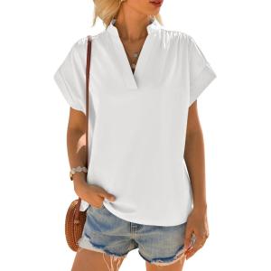 imageCicy Bell Womens Short Sleeve V Neck Blouses Dressy Casual Summer Loose Shirts Trendy Business Pleated TopsWhite