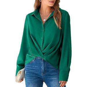 imageCicy Bell Womens Silk Button Down Shirts Long Sleeve Dressy Work Casual Twist Front Satin Blouse TopsDeep Green