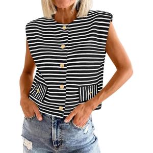imageCicy Bell Womens Striped Vest Summer Casual Button Down Cap Sleeve Tank Tops Crew Neck Sleeveless CardiganBlack