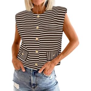 imageCicy Bell Womens Striped Vest Summer Casual Button Down Cap Sleeve Tank Tops Crew Neck Sleeveless CardiganBrown